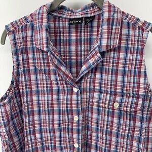 Erika 100% Cotton Crinkle Blue / Maroon  Plaid Button-Down Top Women's Large
